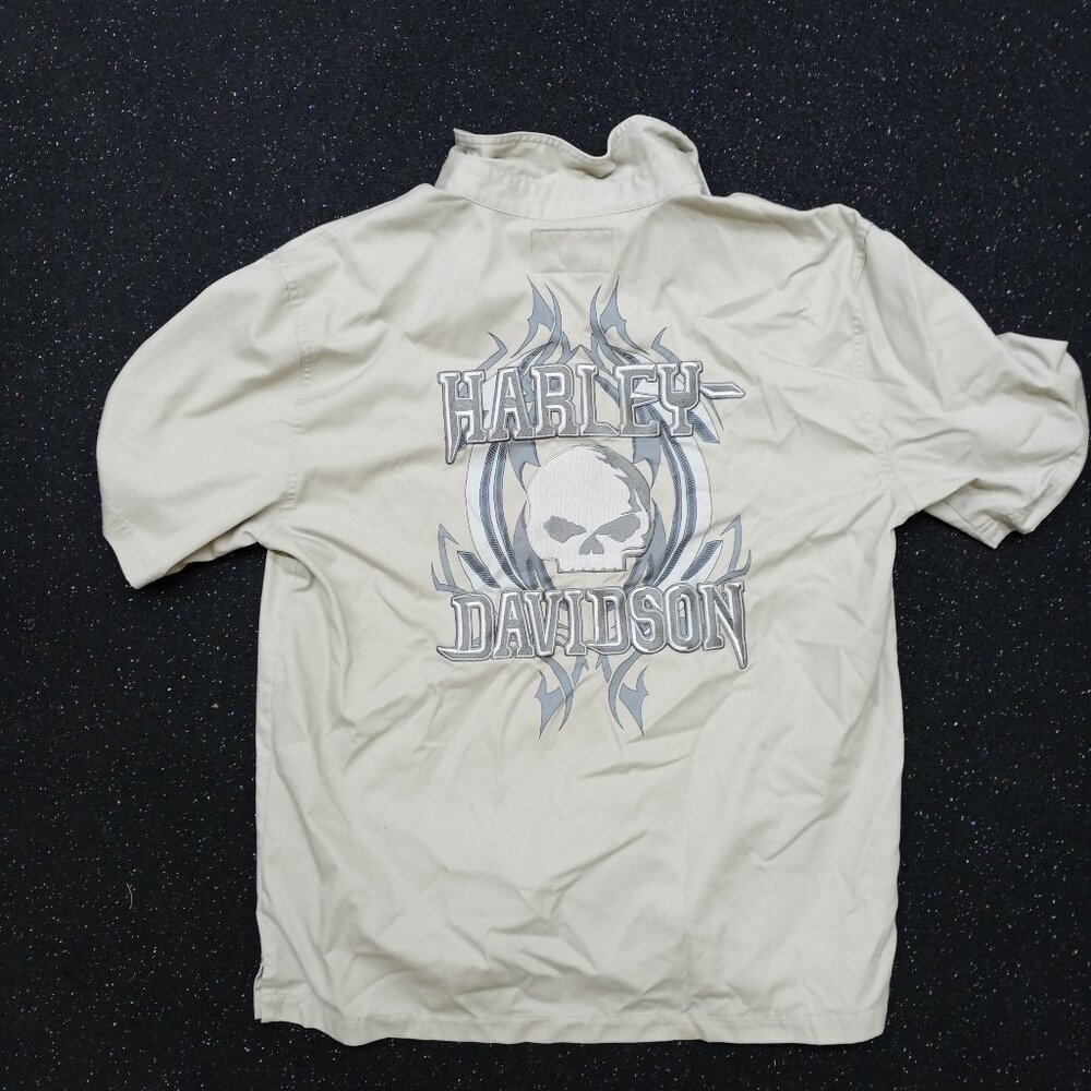 Harley Davidson Skull Short Sleeve Button Shirt Cream Ivory Men's Large